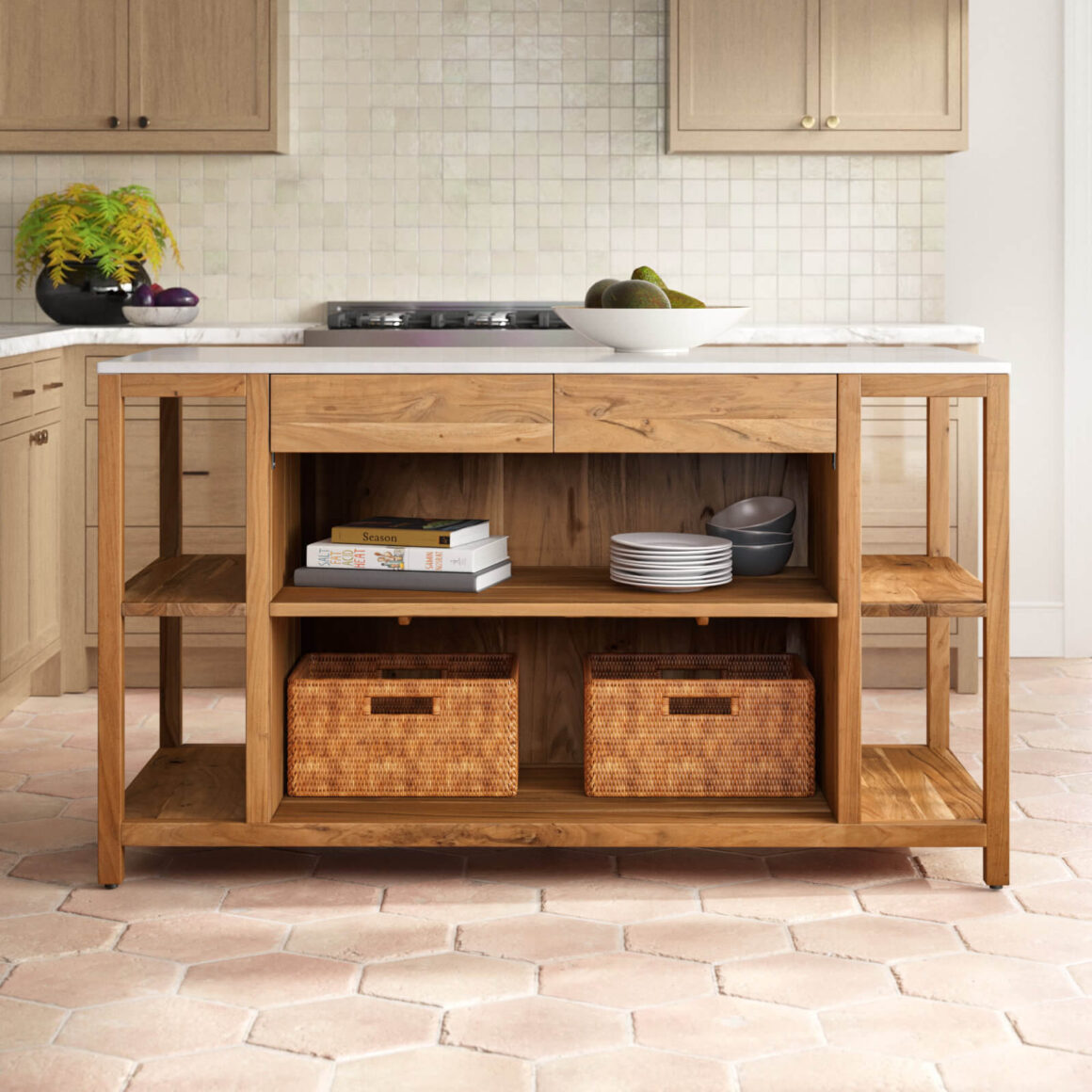 a wooden Japandi kitchen island in a natural finish