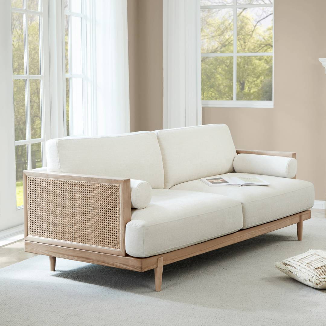 Ahlea 78.75''W Natural Cane Japandi-Style Sofa