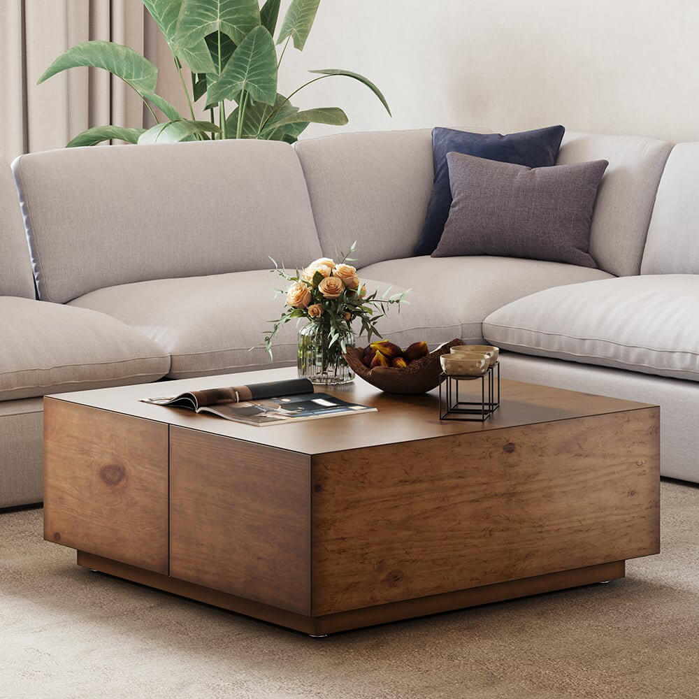 Japandi Square Coffee Table with 4 Storage Drawers