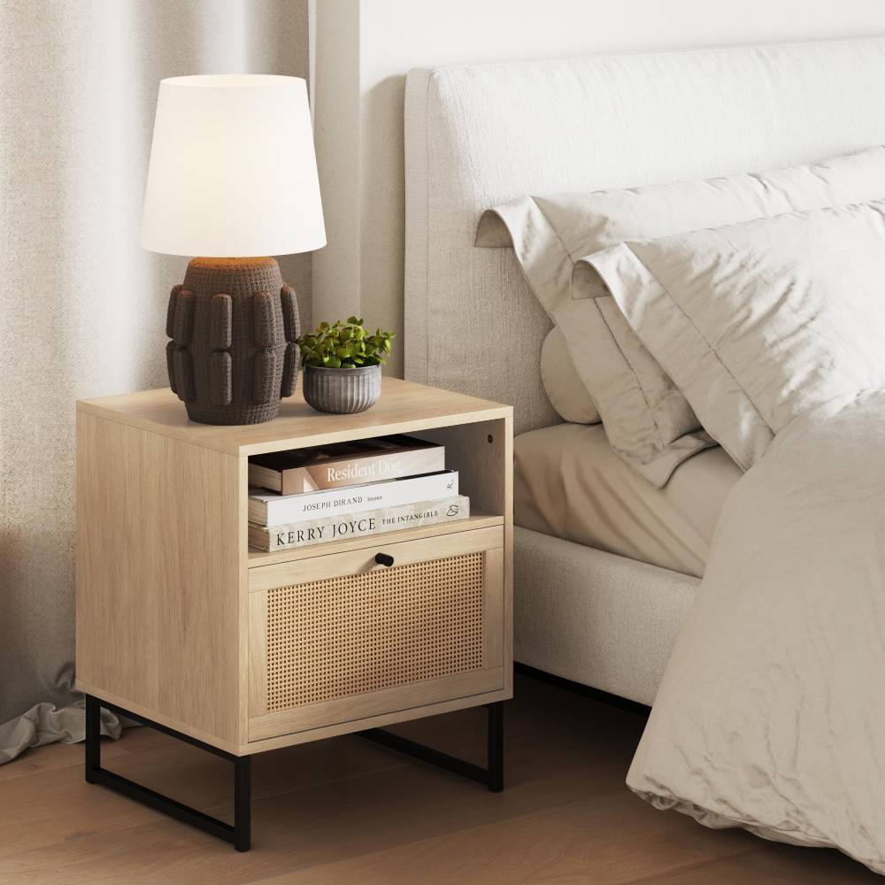 Nathan James Mina Rattan Wood Japandi Nightstand with Storage