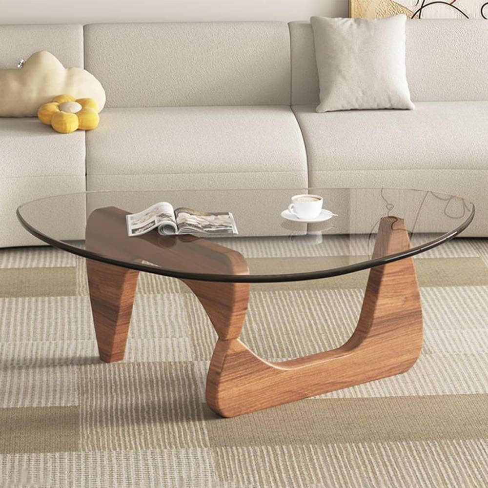 Triangle Glass Coffee Table with Wooden Base