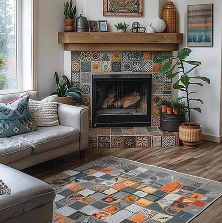 a colorful corner fireplace decorated with bold colors