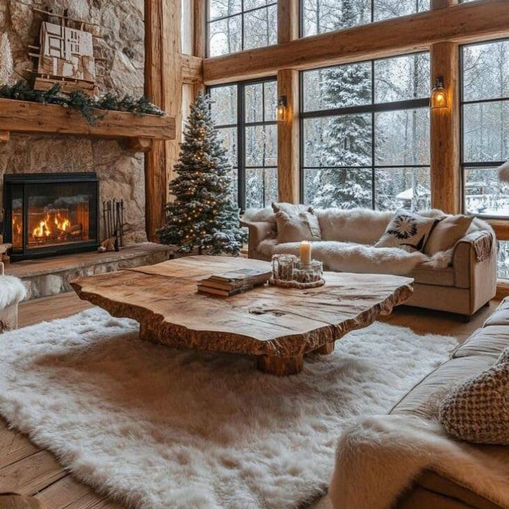 a corner fireplace with a rug