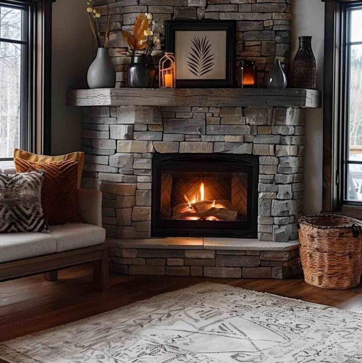 a floating mantel above a corner fireplace