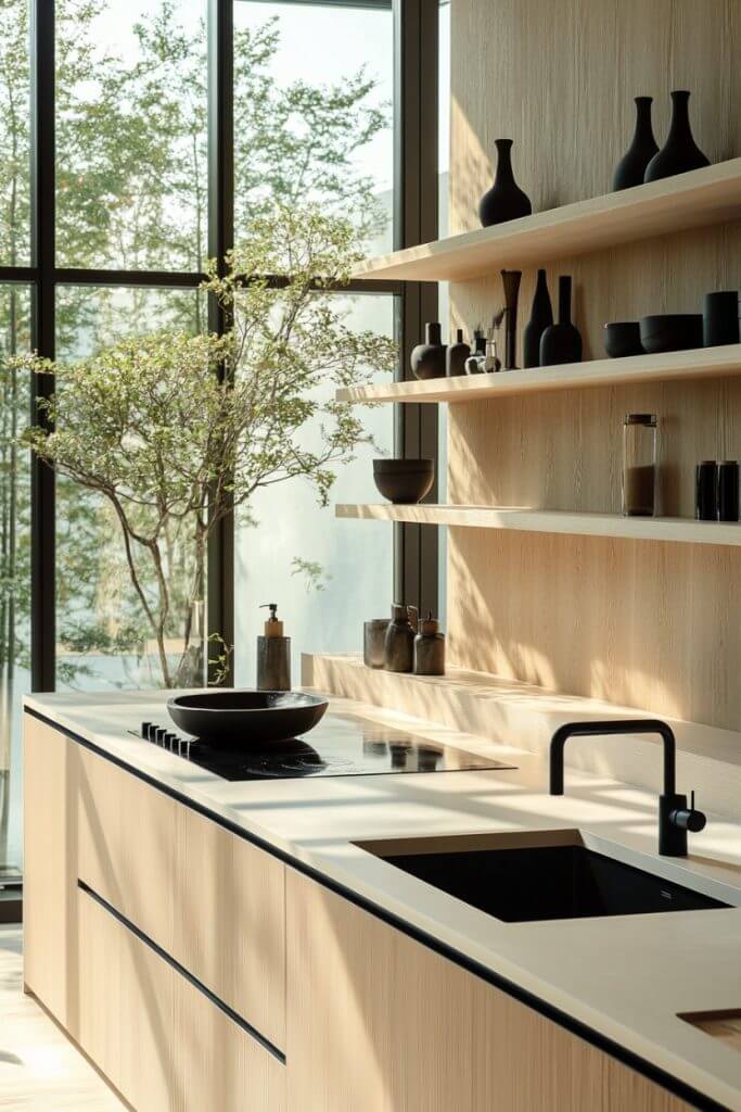 a japandi kitchen filled with plants