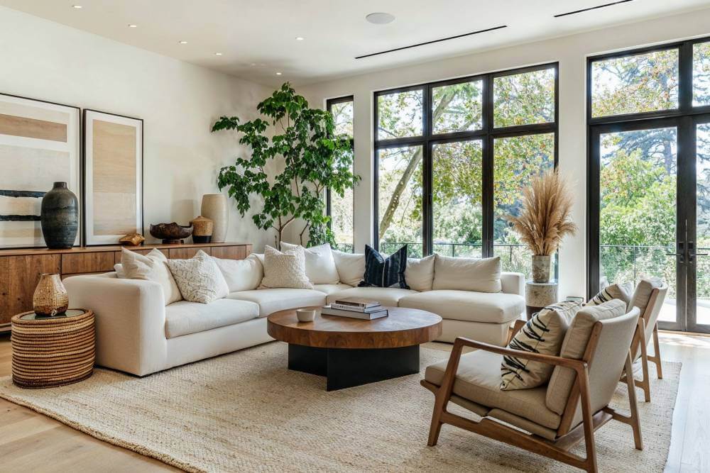 a japandi living room decorated with a japandi rug