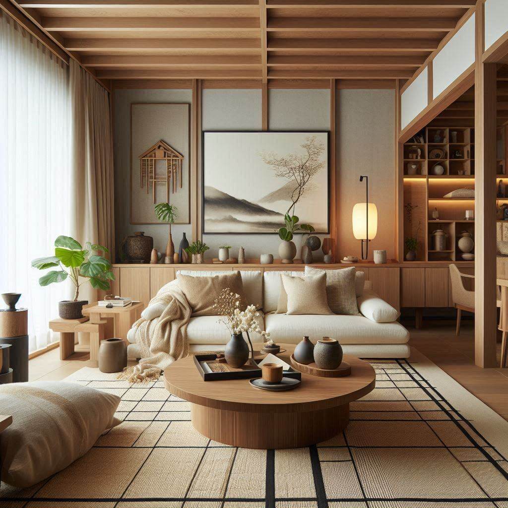 a japandi living room decorated with handcrafted decor