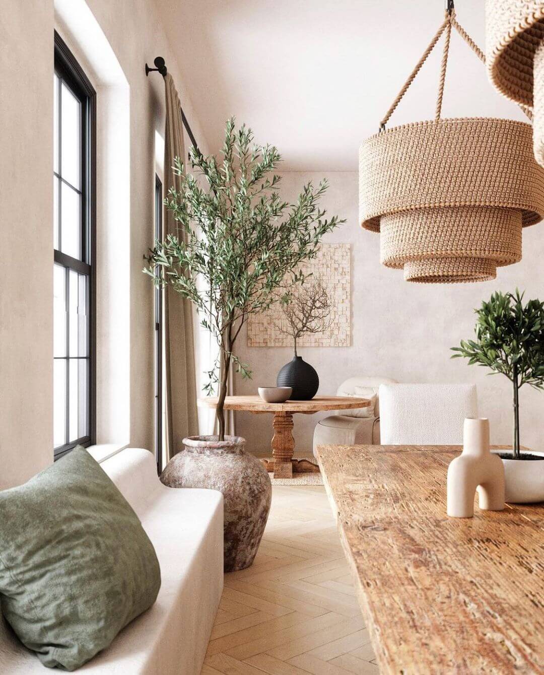 a japandi living room decorated with plants and greens