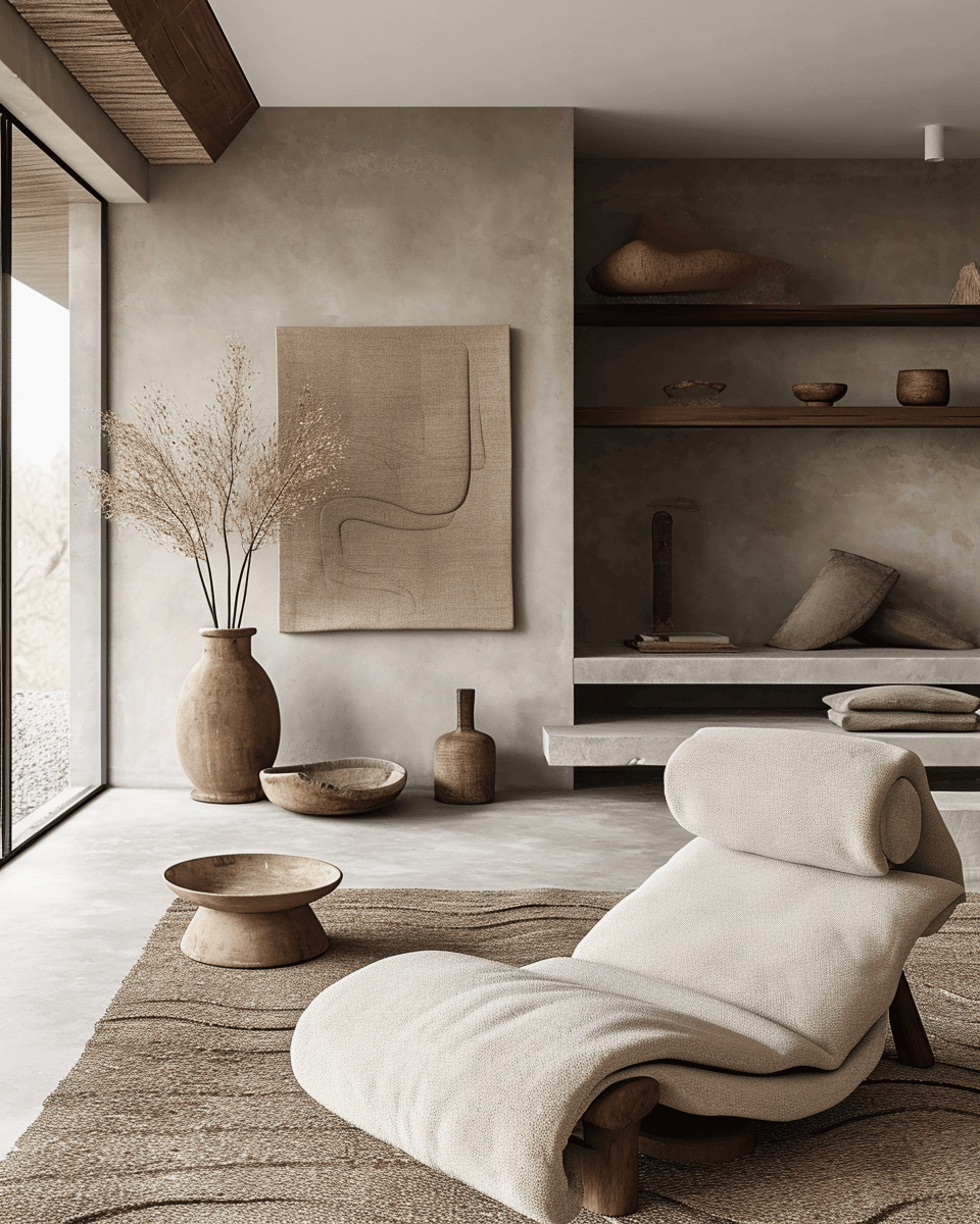 a japandi living room with furniture in soft, organic shapes