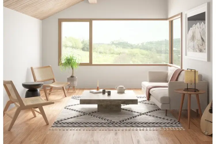 a japandi living room with natural materials