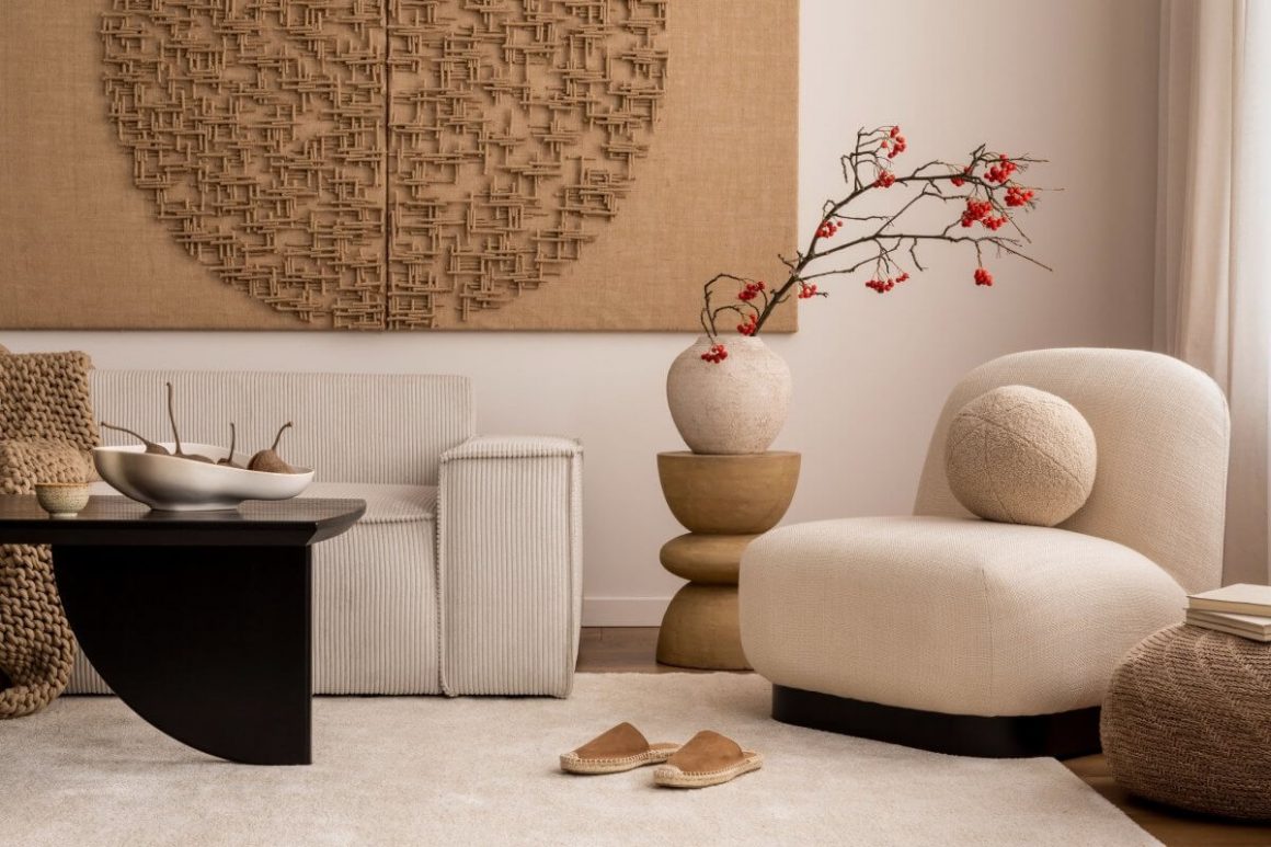 a japandi living room with neutral colors