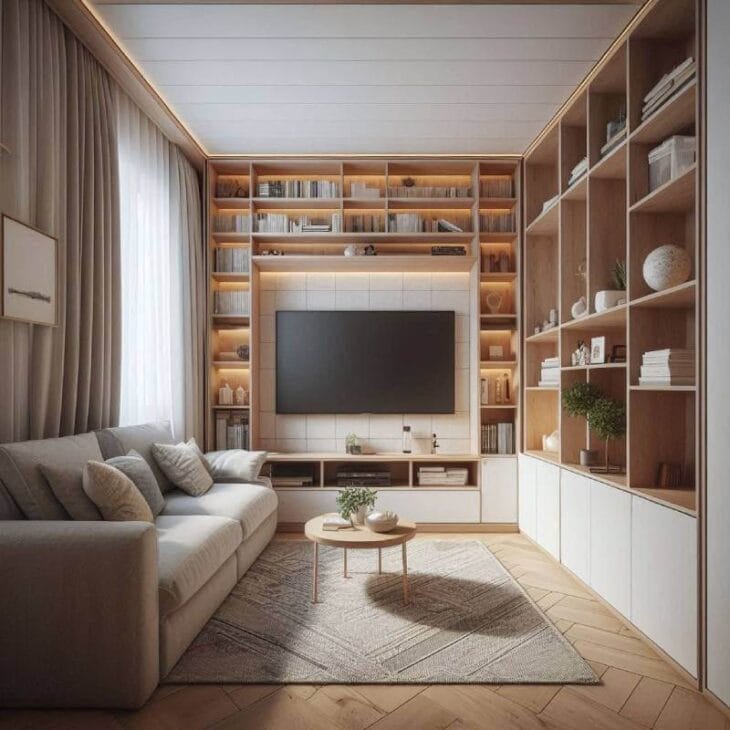 a long narrow living room with tall shelves