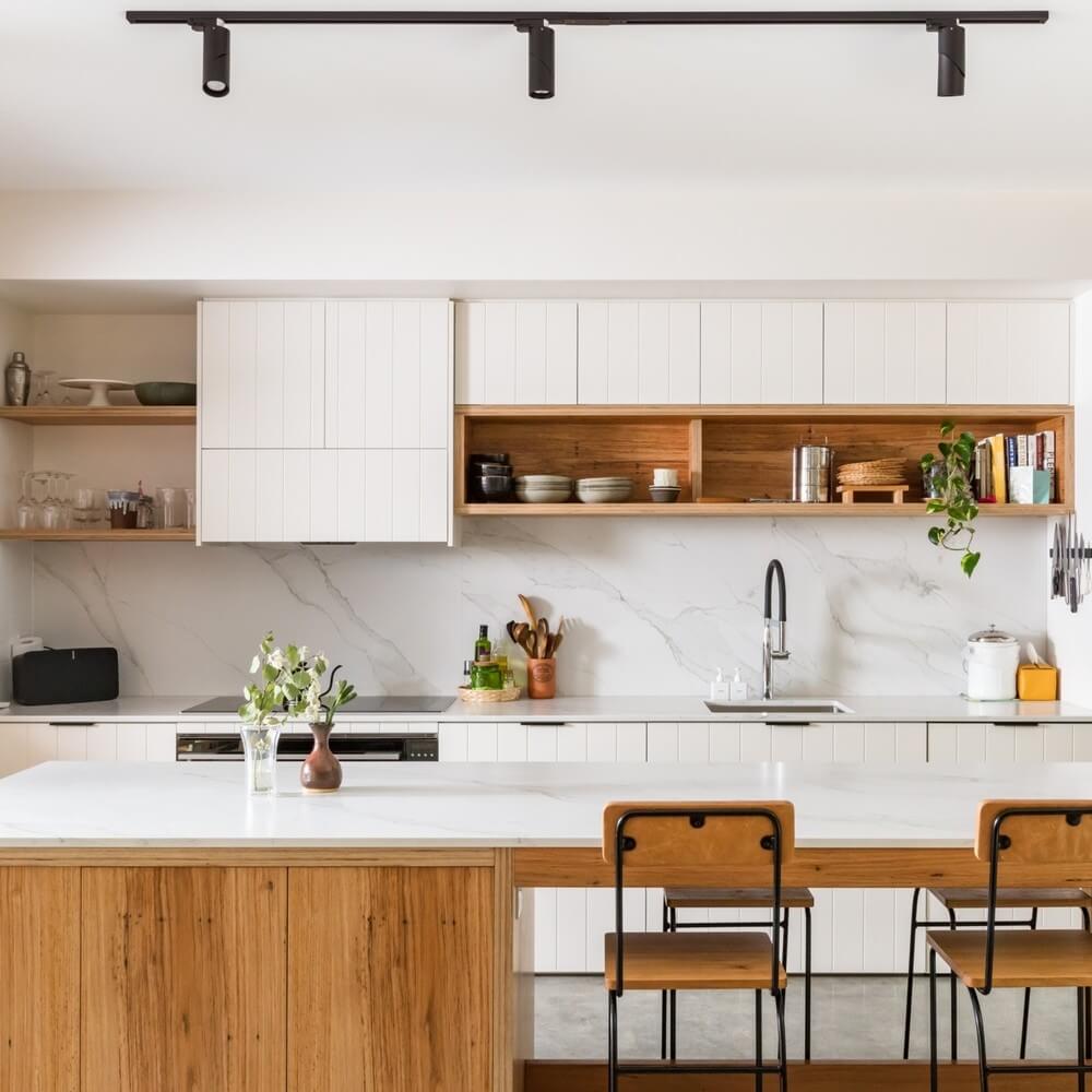 an open shelving in a japandi kitchen area