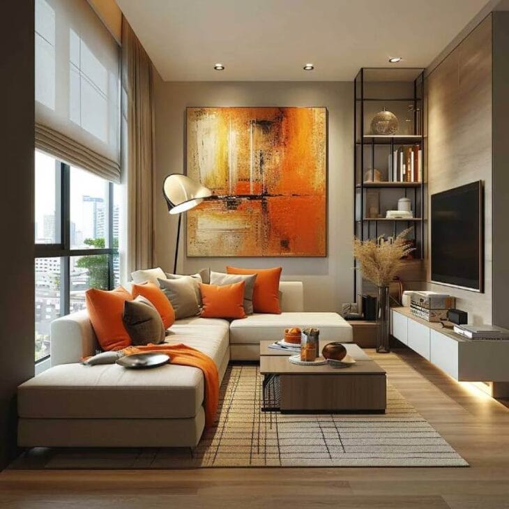 a long, narrow living room with wall art