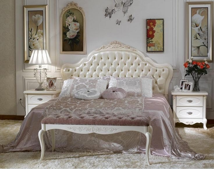 throw pillows and rug in a french bedroom