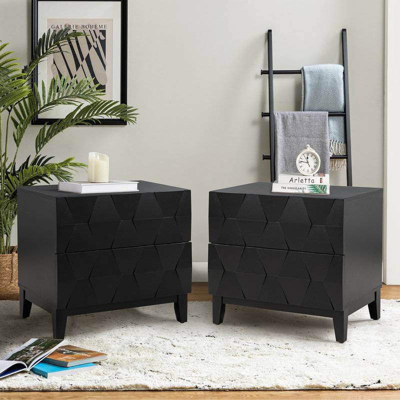 2 Drawer Modern Black Nightstand Set of 2