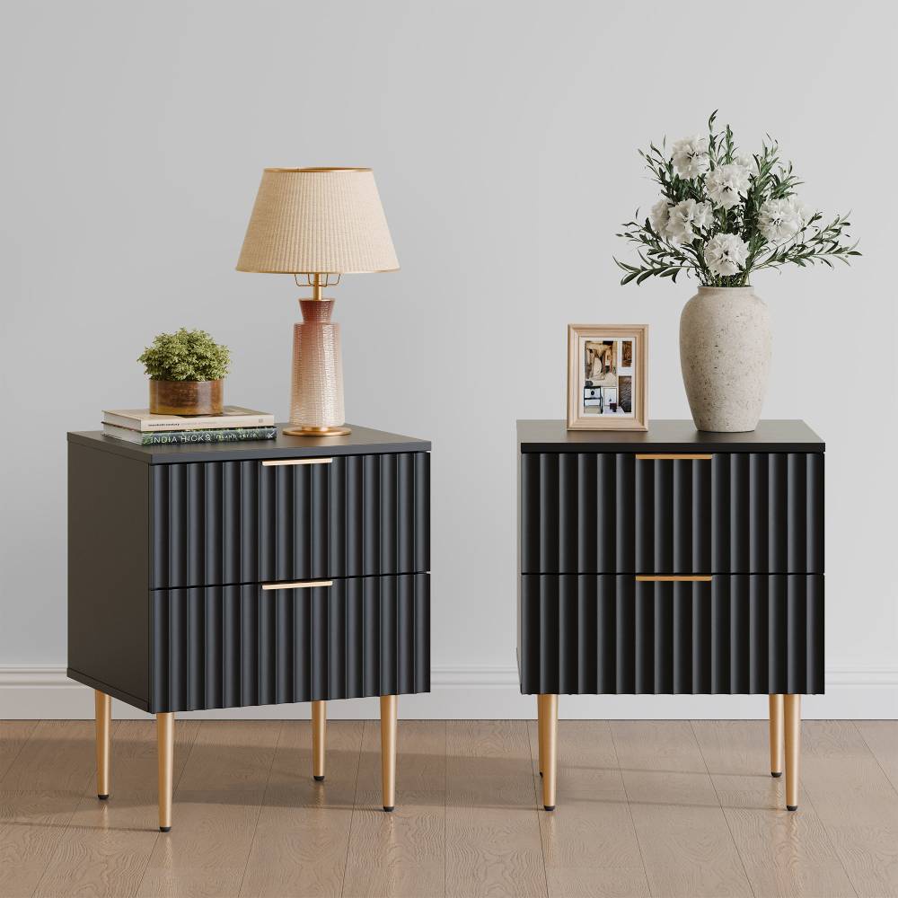 Black Fluted Nightstand with Drawers