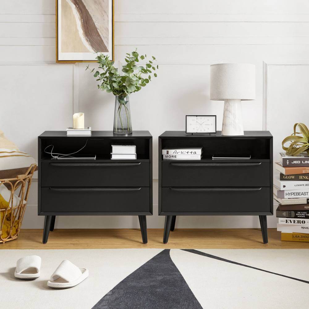 Black Mid Century Modern Nightstand with Drawers