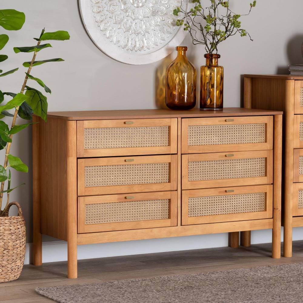 Golden Brown Wood Japandi 6 Drawer Dresser