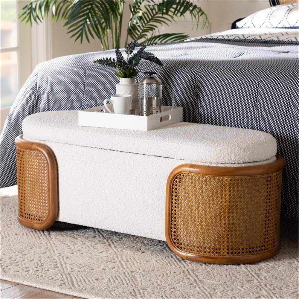 Japandi Cream Boucle Fabric Storage Bench