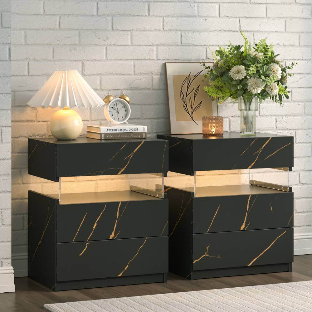 Modern Black Nightstand with LED Lights