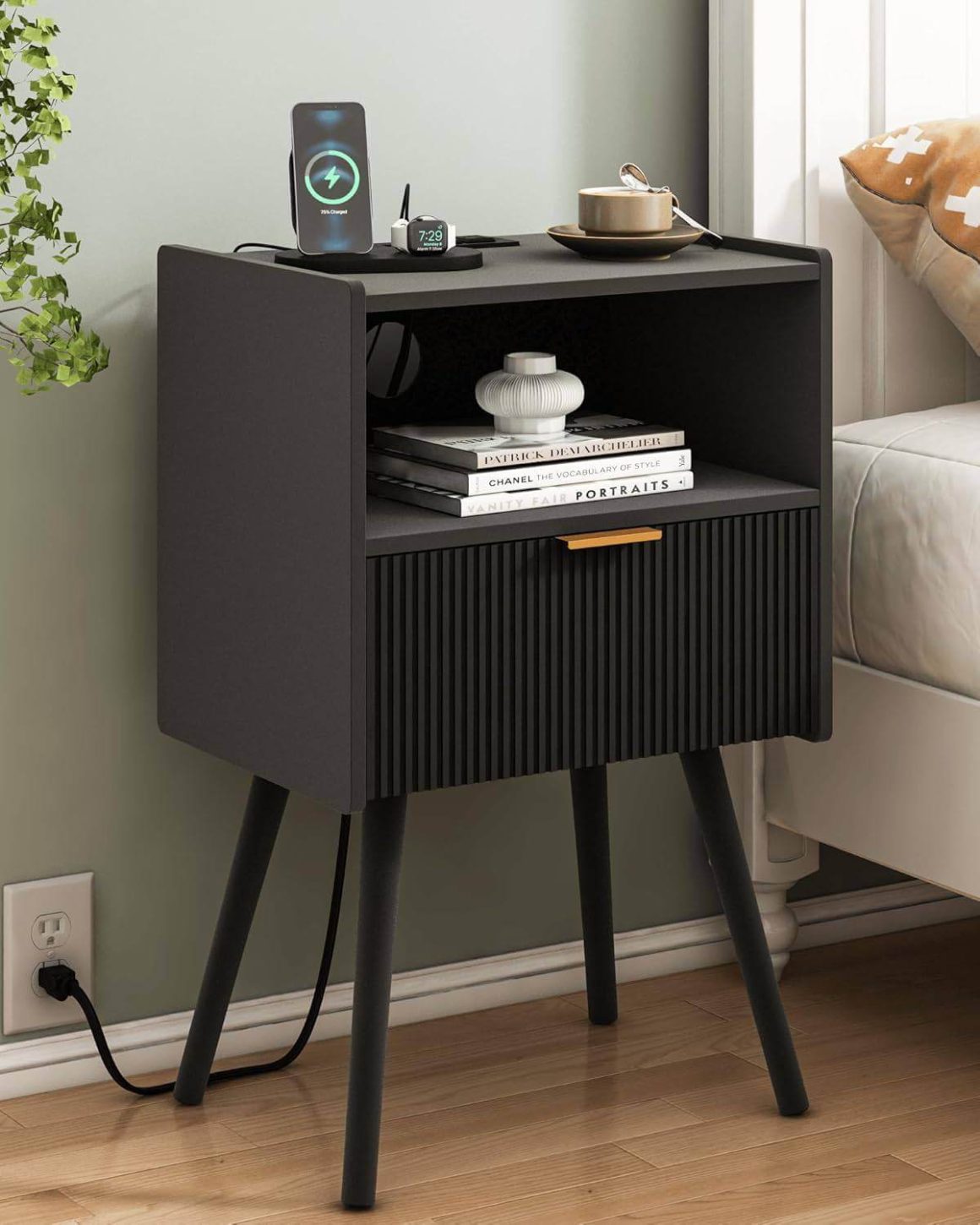 Small Black Bedside Table with Storage Drawer