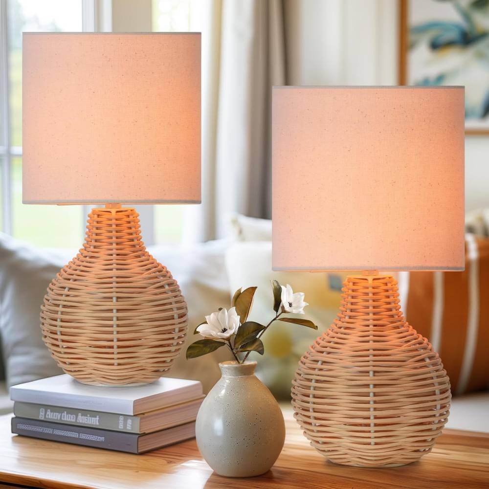 Vintage Wicker Wooden Nightstand Lamp Set