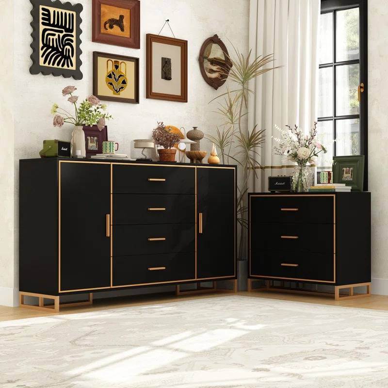 2 Piece Dresser and Nightstand Set Black and Gold