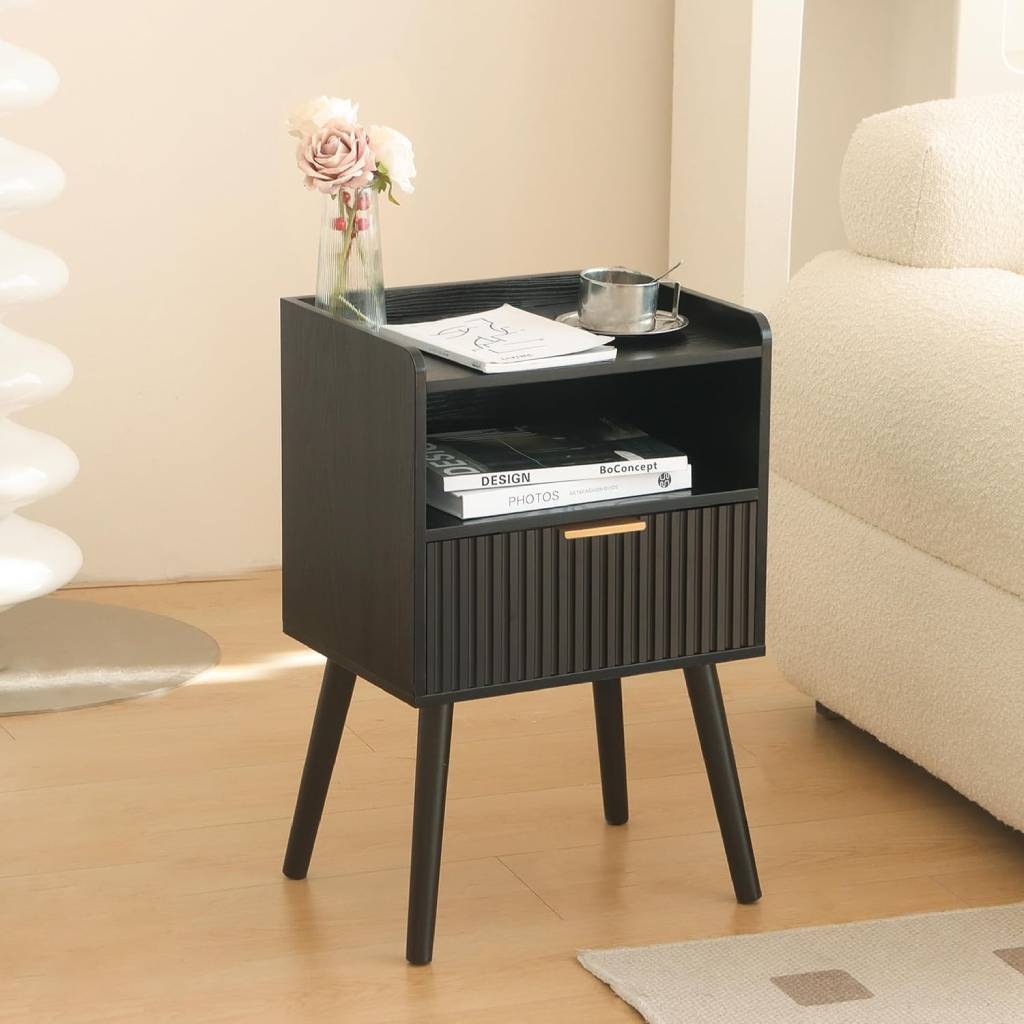 Black Fluted Nightstand with Storage Drawers