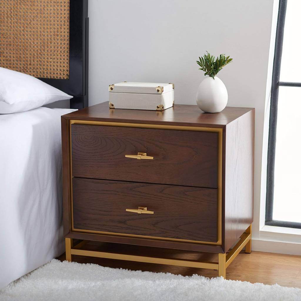 Dark Wood Nightstand with Brass Handles