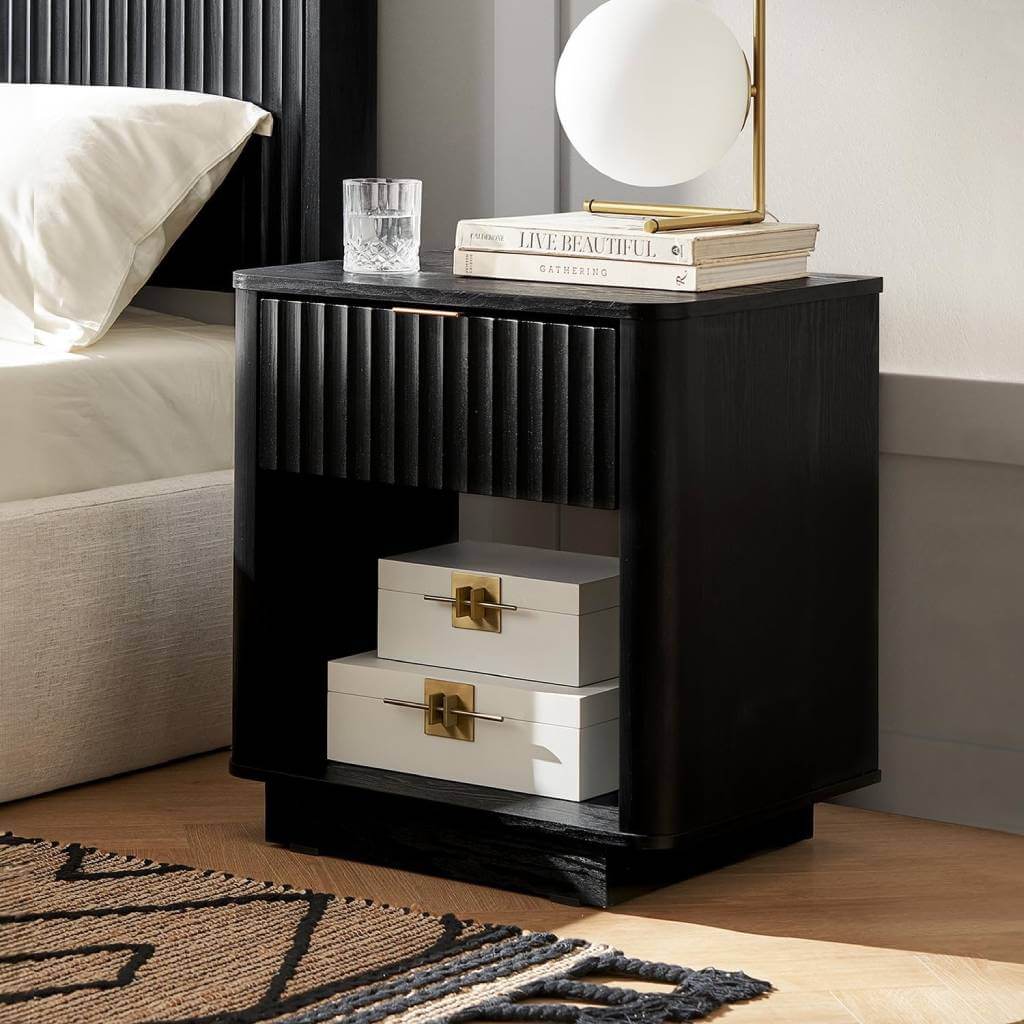 Fluted Nightstand with Drawer and Open Shelf