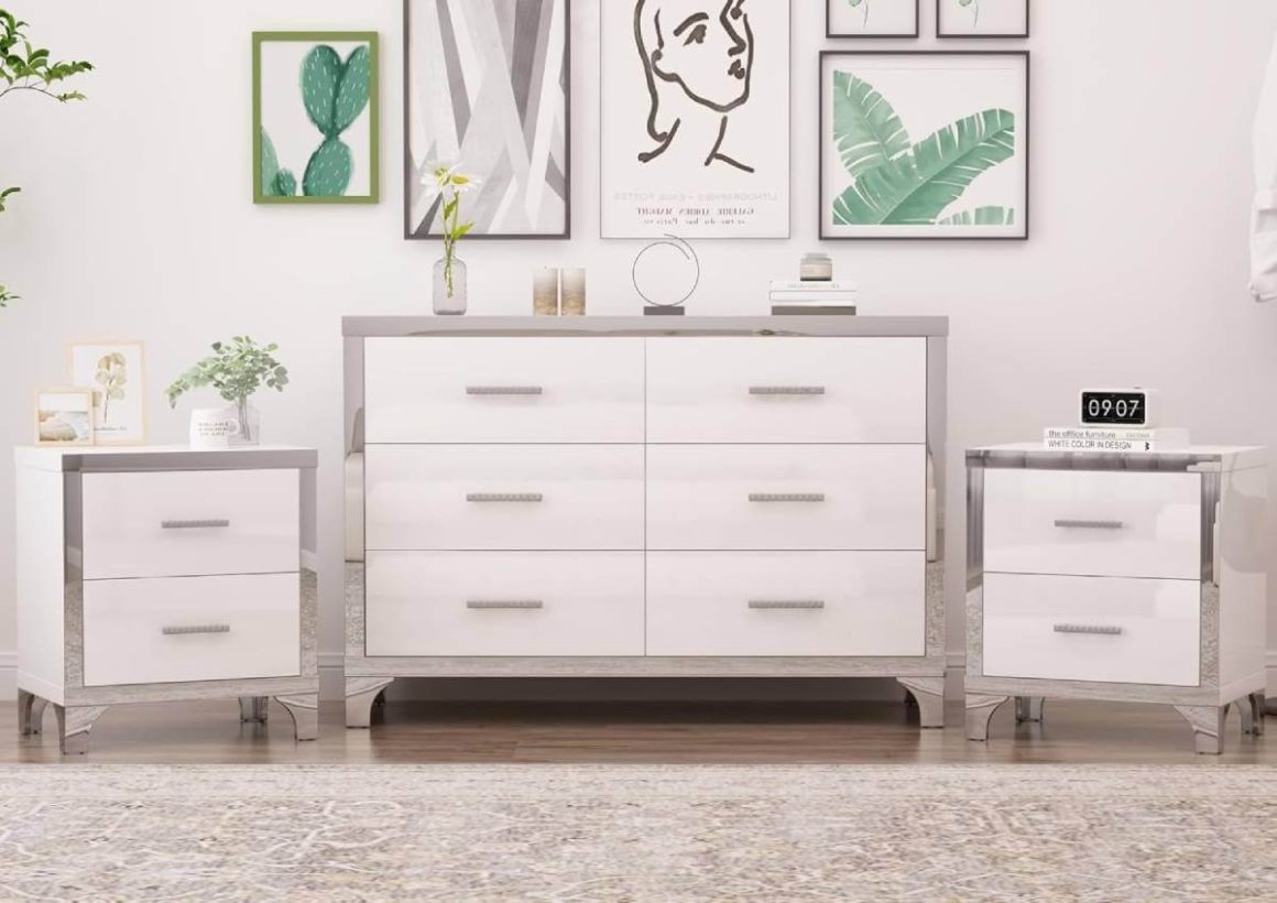 Merax 3 Piece Bedroom Set 6 Drawer Cabinet and 2 Mirrored Nightstands