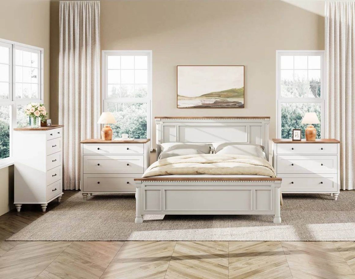 Mid Century 5 Drawer Dresser and Two 3 Drawer Bedside Tables