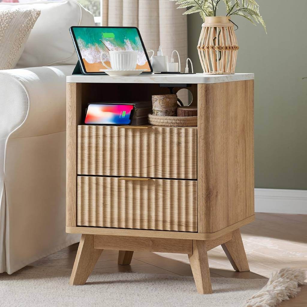 Minimalist Fluted Nightstand with Charging Station