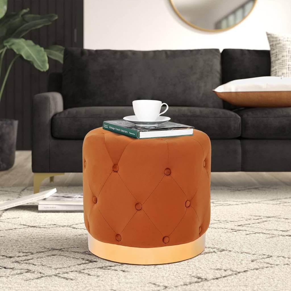 Round Velvet Vanity Stool with Gold Base
