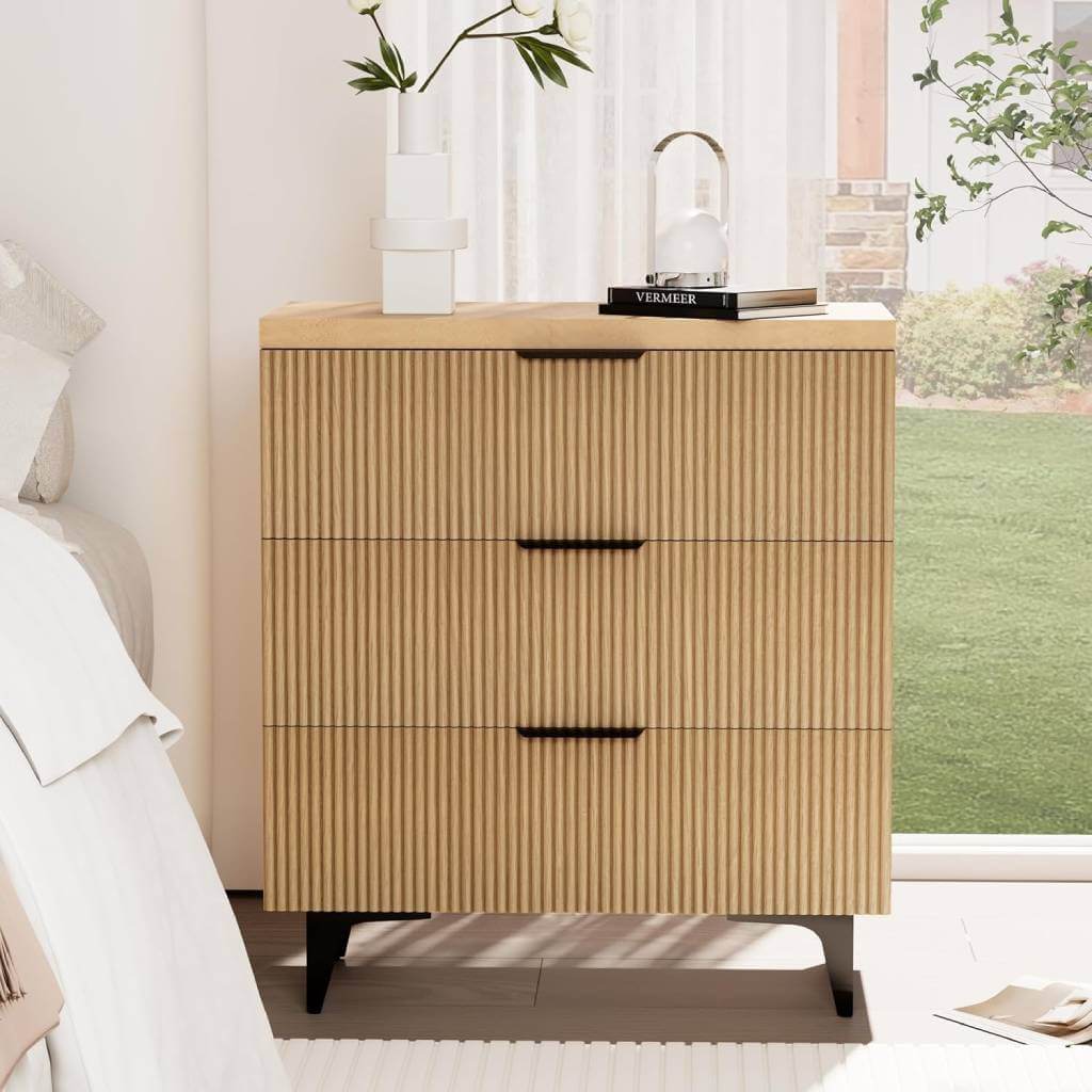 Solid Wood Fluted Nightstand with Drawers