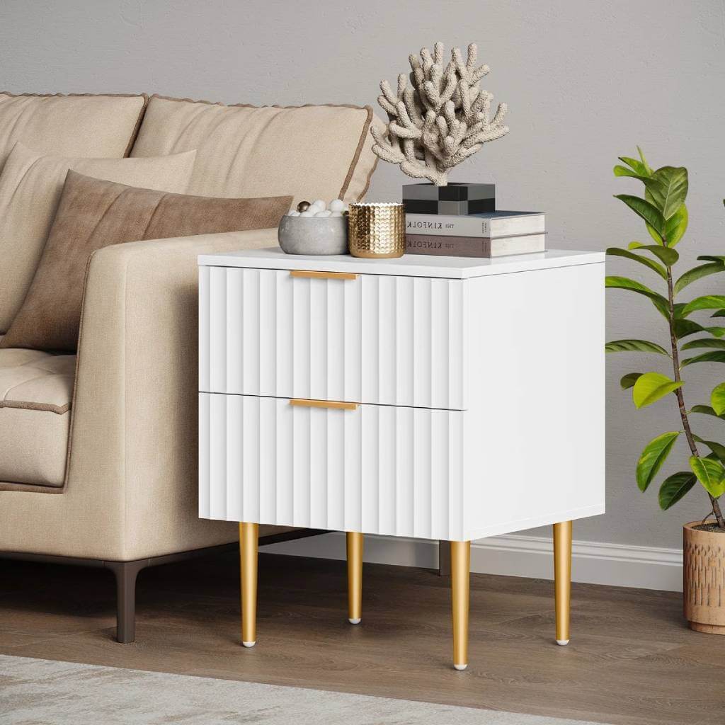 White Fluted Nightstand with Gold Accents