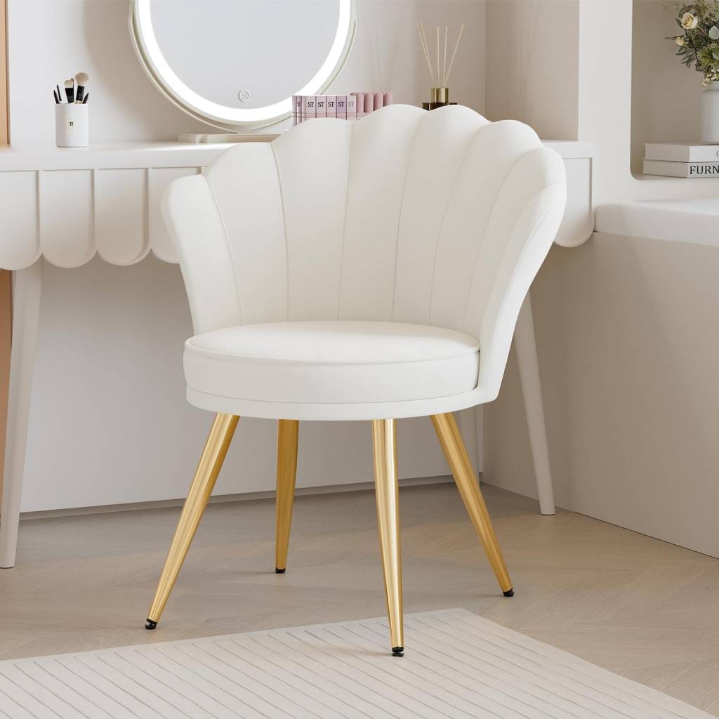 White Vanity Chair with Gold Legs and Backrest