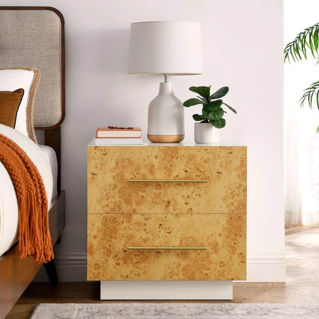 abel white bleached burlwood 2 drawer nightstand