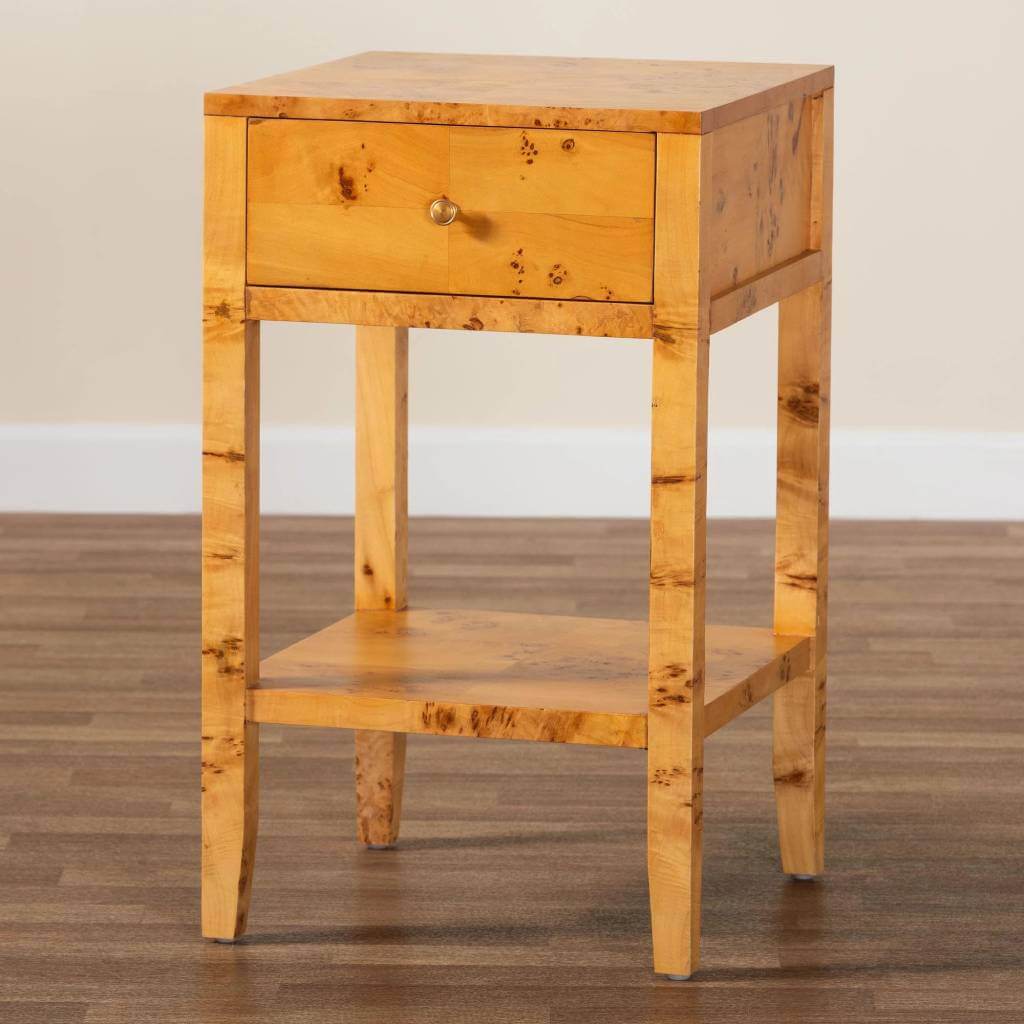 burl wood 1 drawer bedside table open shelf