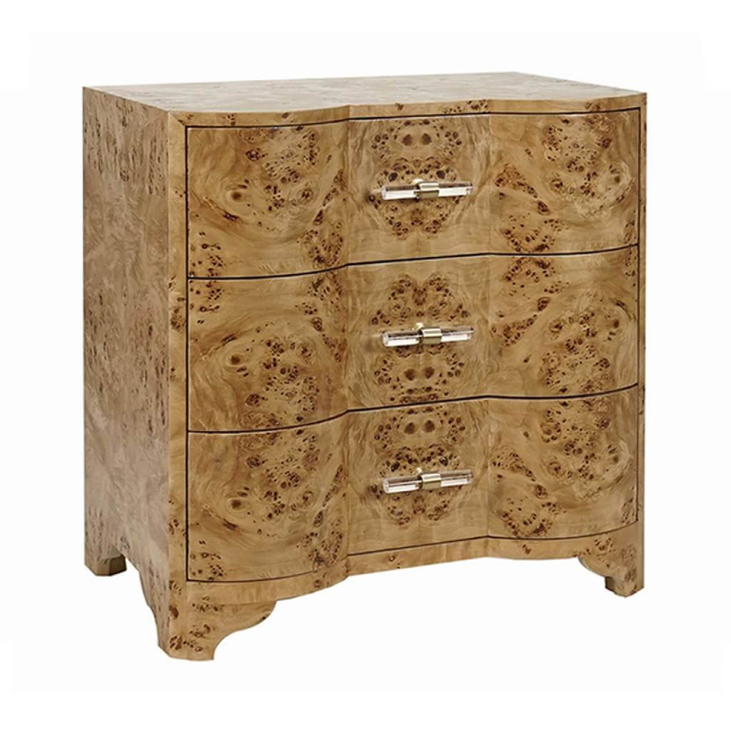calvin 3 drawer burl wood nightstand brass hardware
