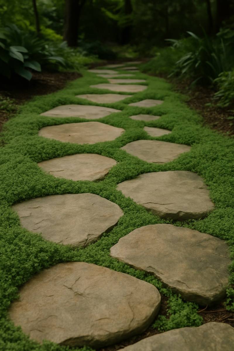 cheap diy flat rocks with ground cover path