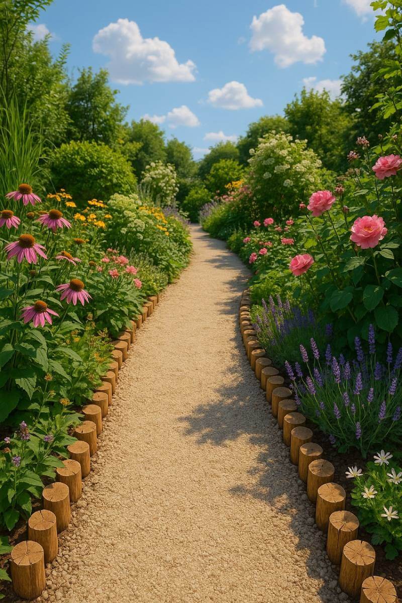 cheap diy garden path gravel wood log borders