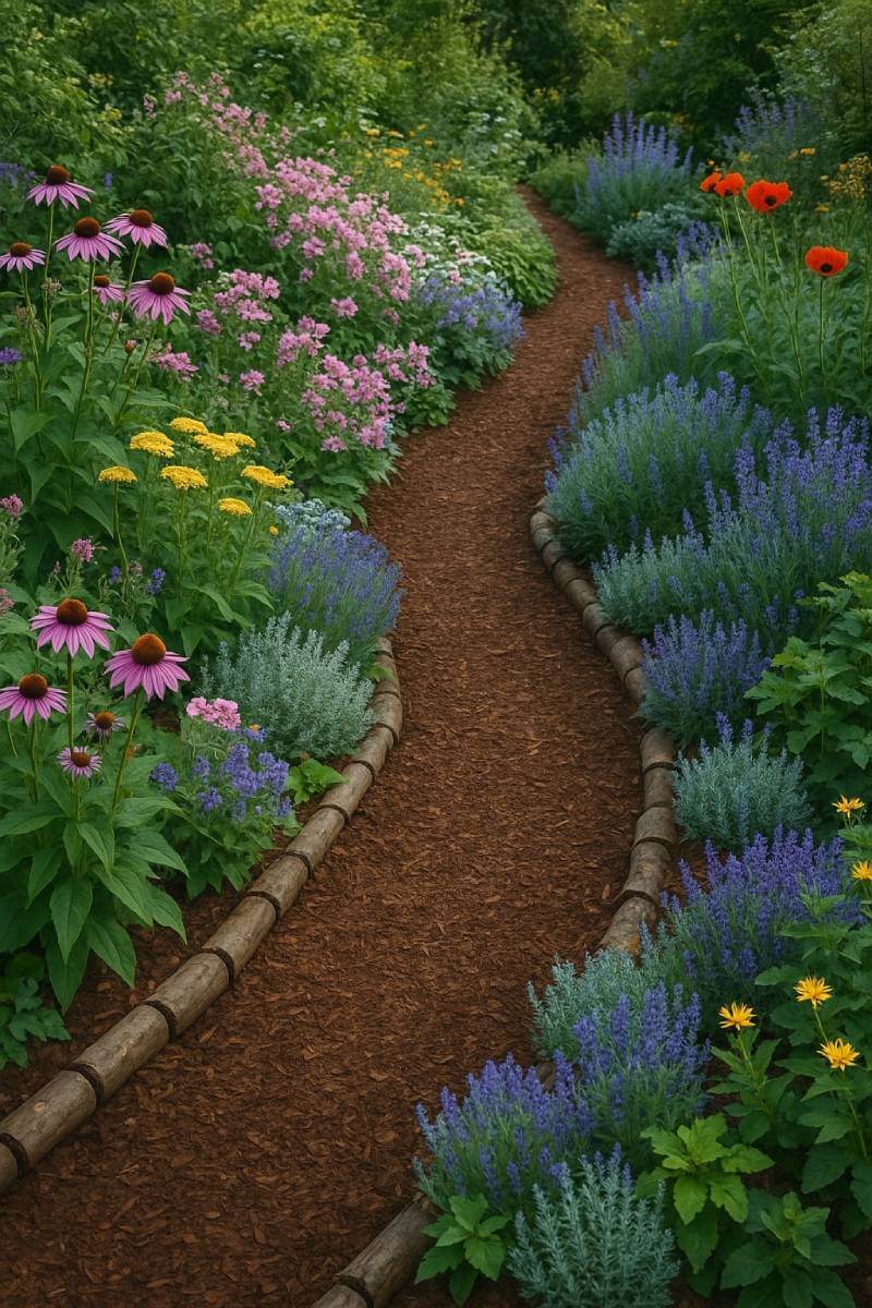 cheap diy mulch garden path with log edges
