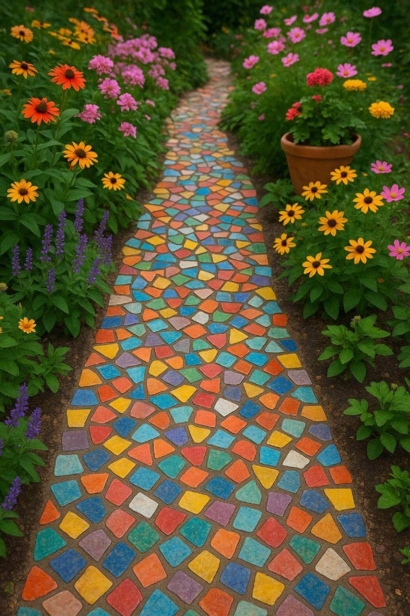 cheap diy recycled tile garden path mosaic