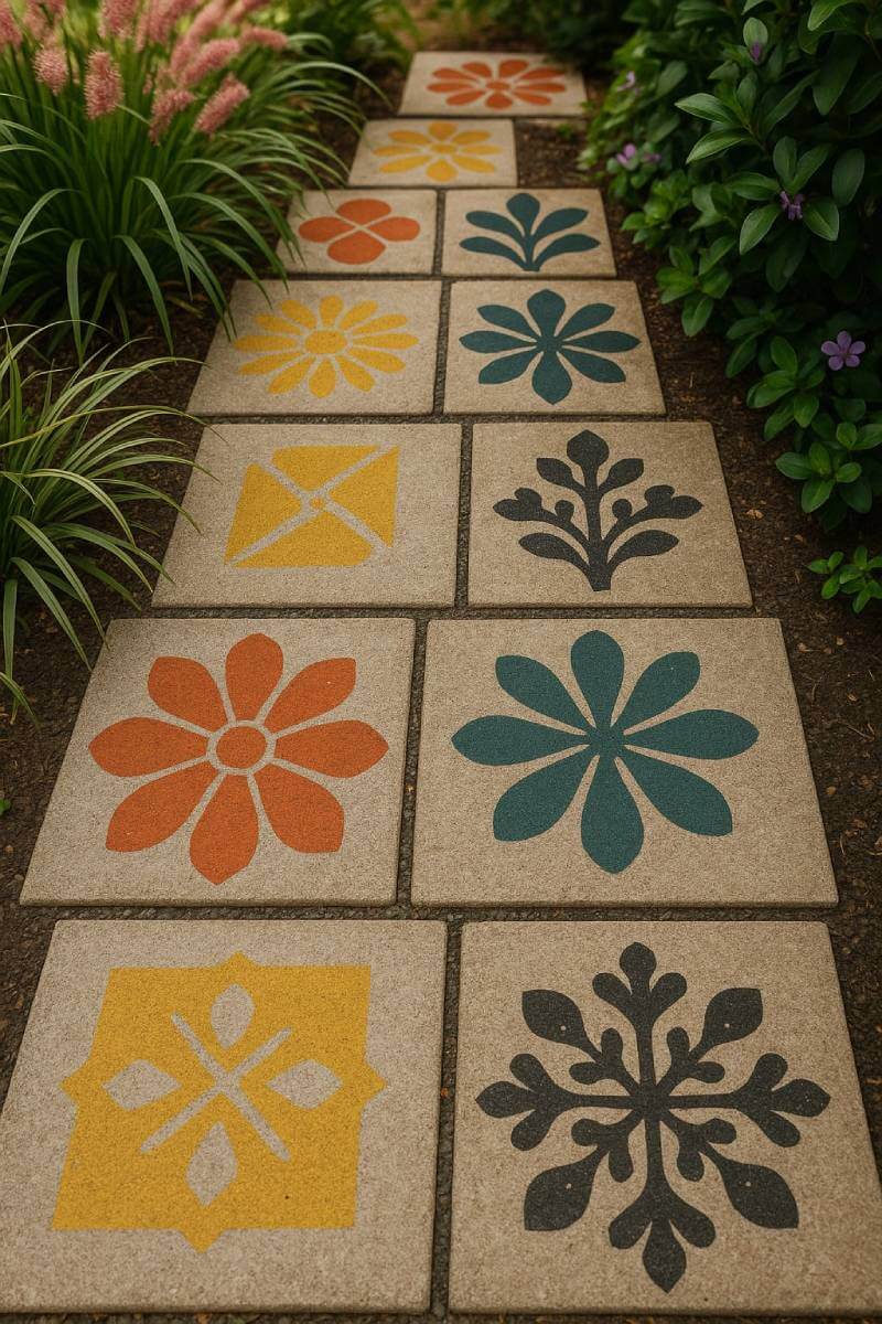 cheap diy stenciled concrete garden path slabs