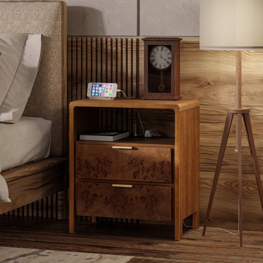 dark brown burlwood nightstand 2 drawers charging station