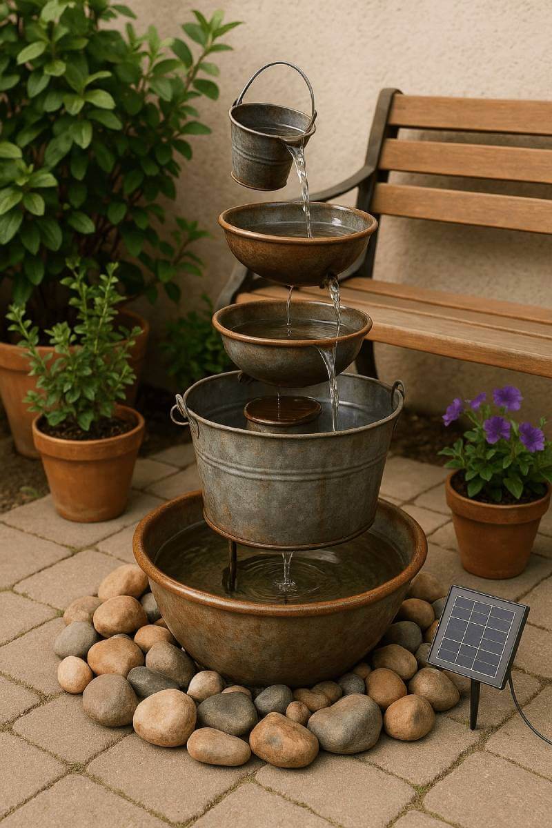 diy budget water fountain in an outdoor patio