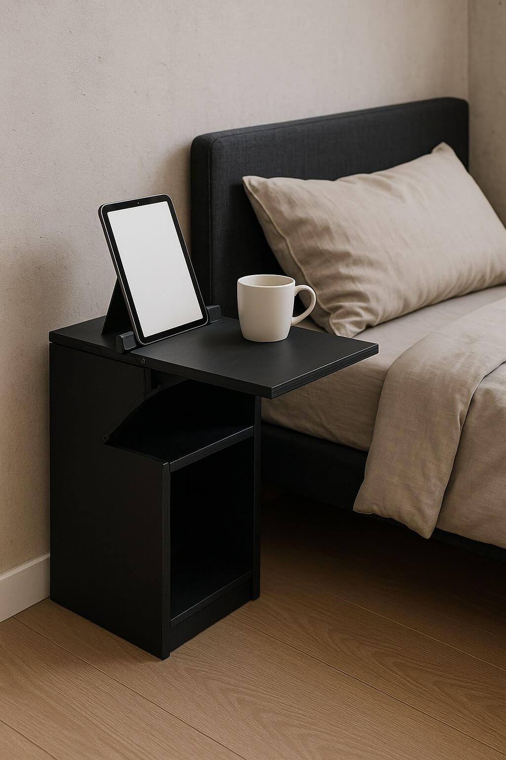 diy fold out nightstand matte black small bedroom