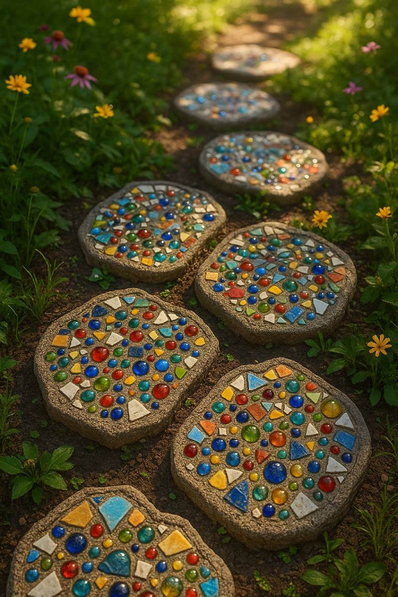 diy mosaic stepping stones garden path colorful glass tiles flowers